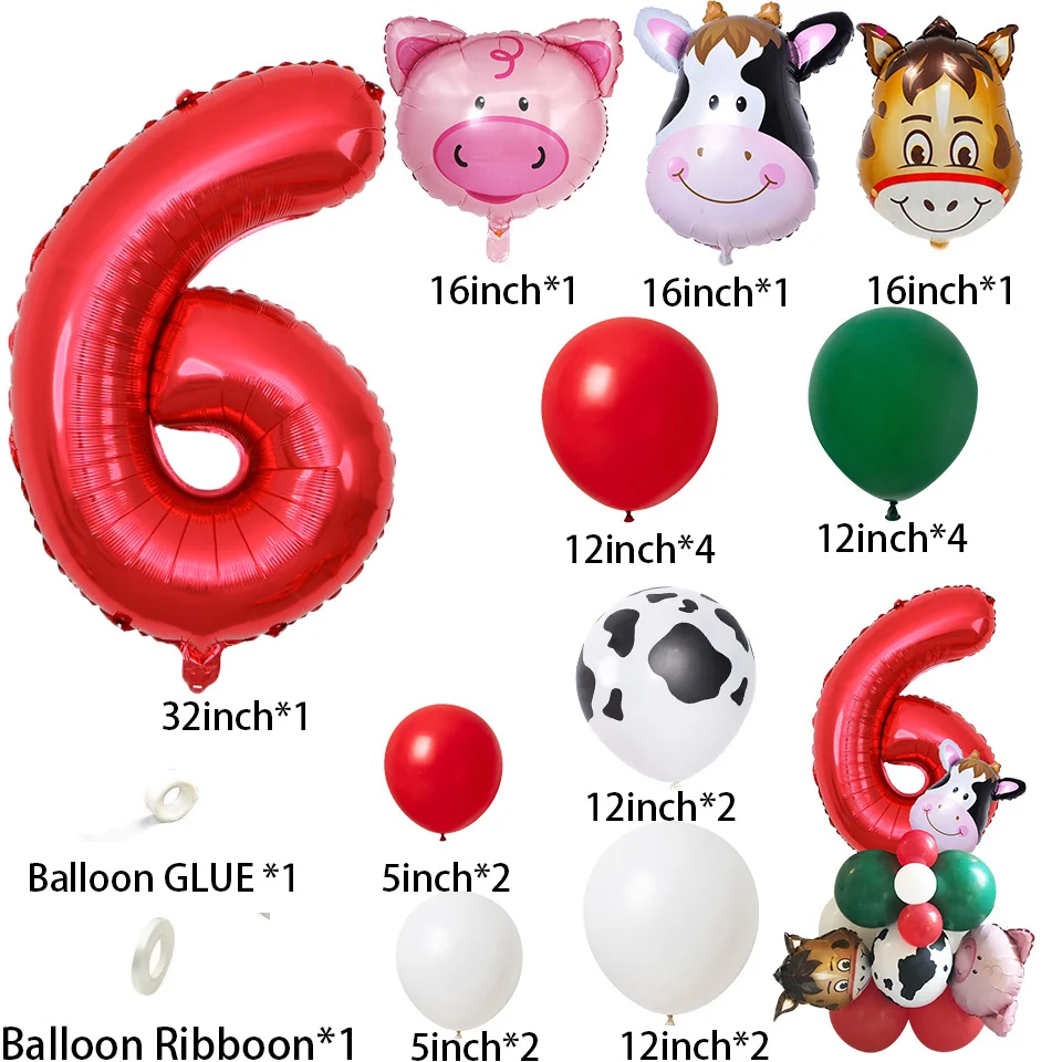 22pcs Farm Animal Theme Cow/Pig Balloons Tower Set 1-9inch Red Balloon Kids Happy Birthday Party Decoration Farm Party Supply