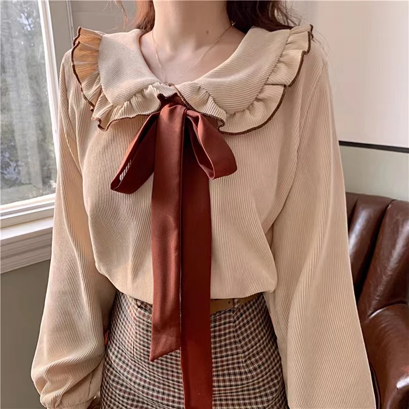 

Vintage Peter Pan Collar Corduroy Blouse Women Korean Fashion Elegant Blouses Bow Tie Sweet Loose Shirts Women Clothes New 24239