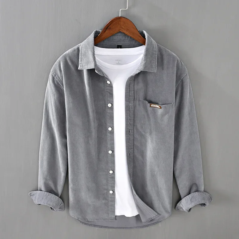 

Men's Spring and Autumn Fresh Loose Corduroy Casual Top Men's Pocket Label Striped Long Sleeve Shirt