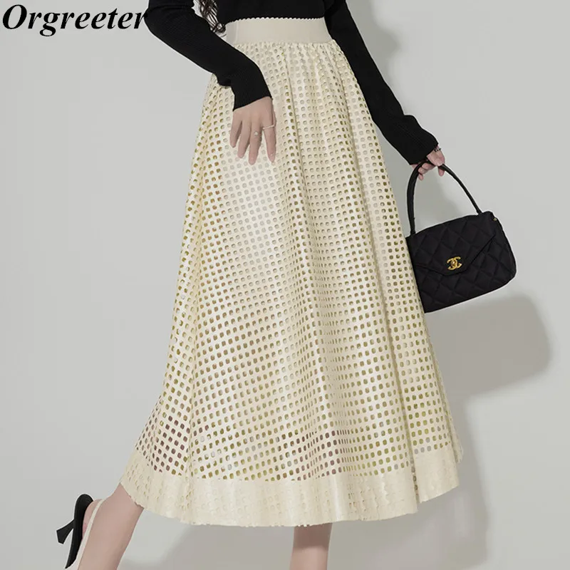 

Повседневная юбка из искусственной кожи для женщин, ажурные трапециевидные юбки средней длины с высокой талией, Женская осенне-зимняя одежда, новинка 2023