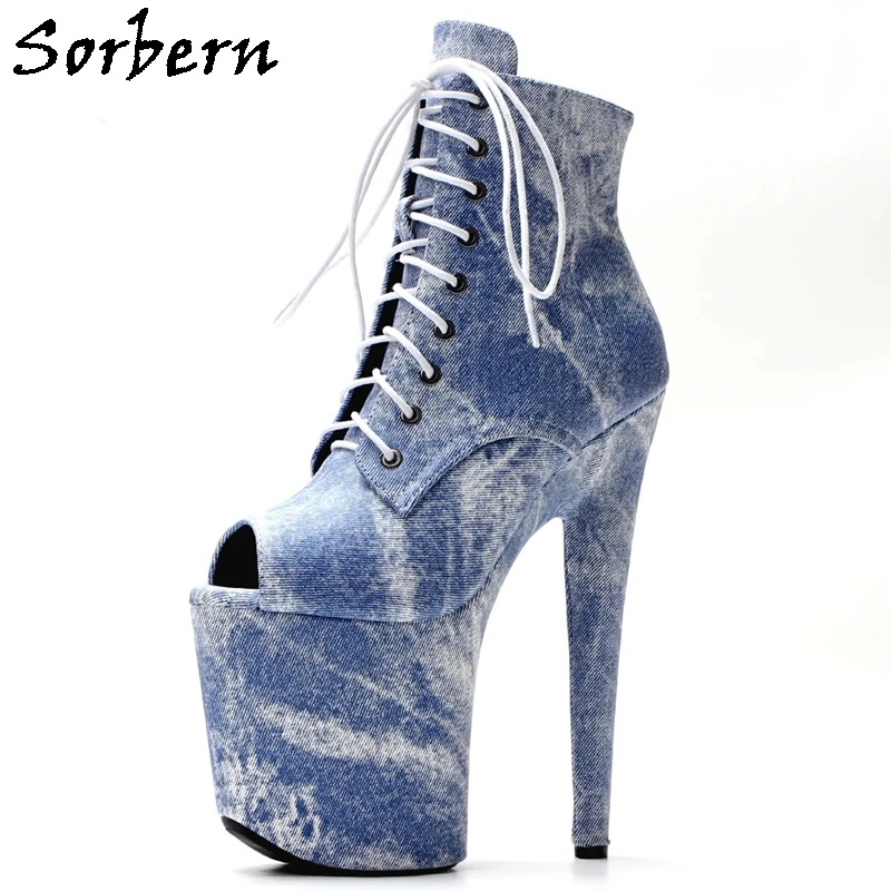 

Sorbern Blue Demin Ankle Boots Open /Closef Toe 8 Inch High Heels Platform Shoes Lace Up Short Booties Footwear Multi Colors