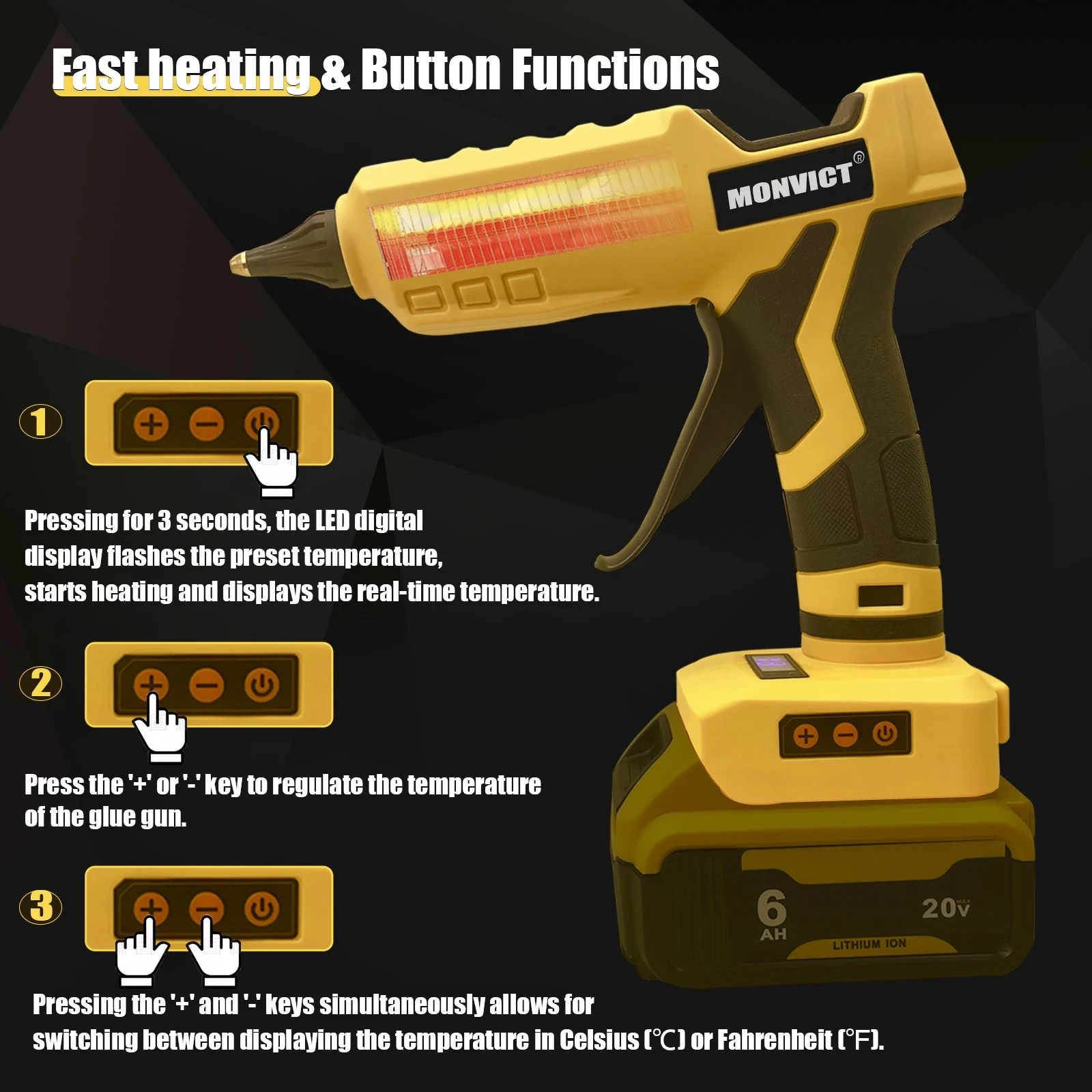 Upgraded 100W Cordless Glue Gun for Dewalt 20V Battery,  Digital Temperature Adjustable Full Size Heavy Duty with 10 Glue Sticks 5