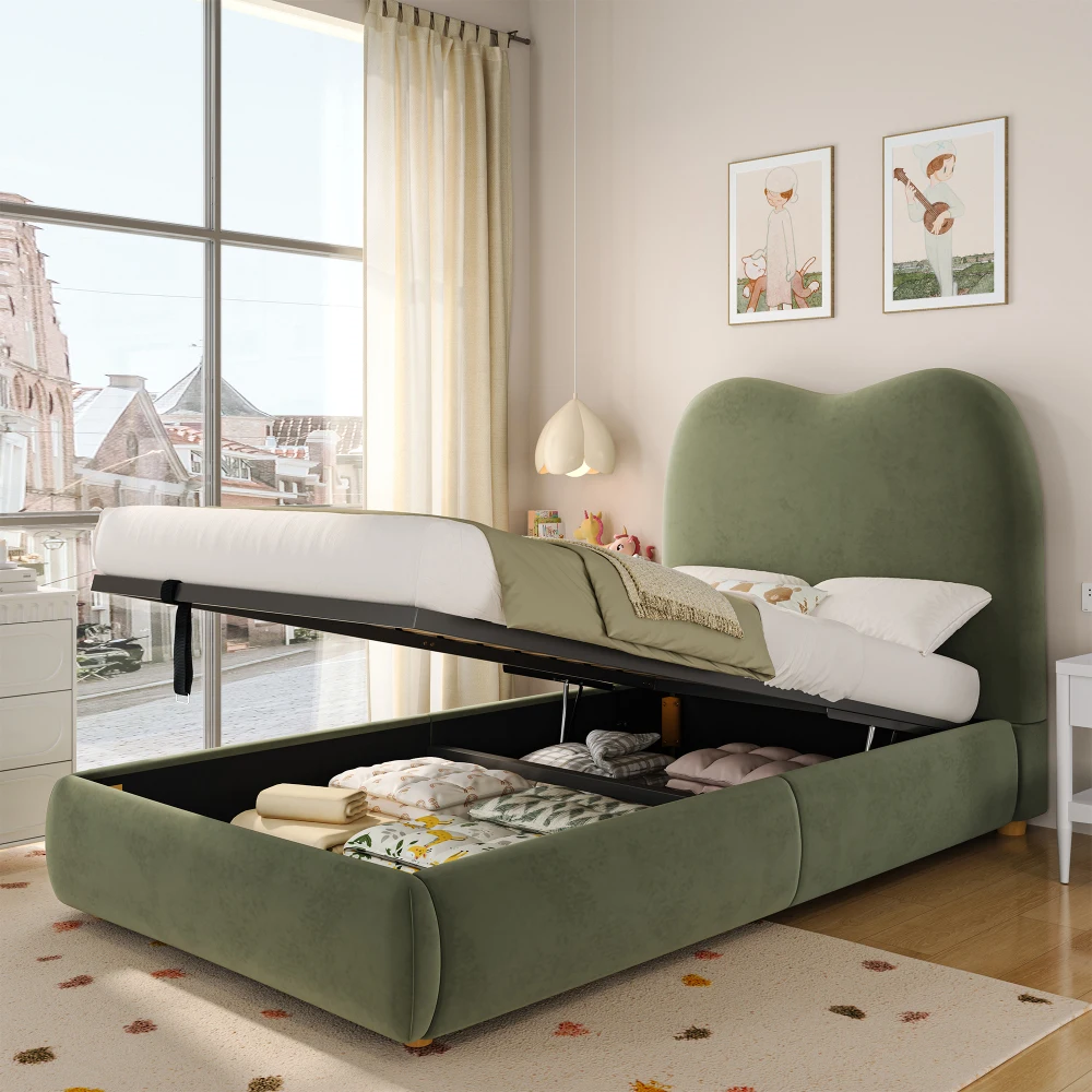 90 x 200 cm modernes Polsterbett, Babybett, hydraulisches Funktionsbett, Bett mit Gitterrost, Kopfteil und großem Stauraum – Detail 34