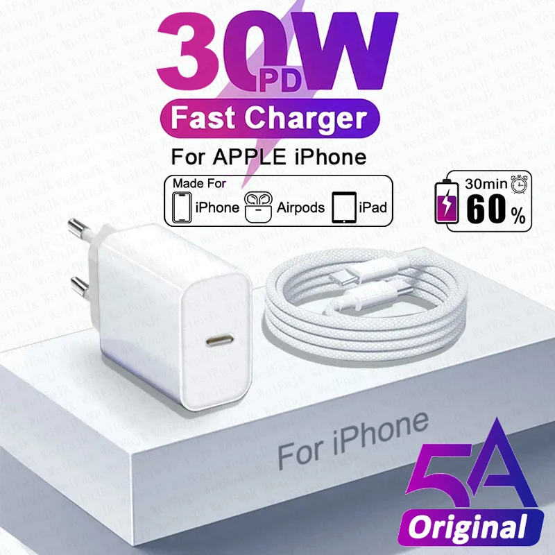 

For Apple Original 30W Quick Charger For iPhone 15 14 13 12 11 Pro Max X XS XR Plus Magsafe Fast Charging Type C Lightning Cable