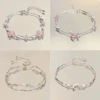 Steel Fun New Women Bracelet Shiny Pink Zircon Butterfly Cherry Blossom Hand Chain for Girls Friendship Gift Y2k Accessories
