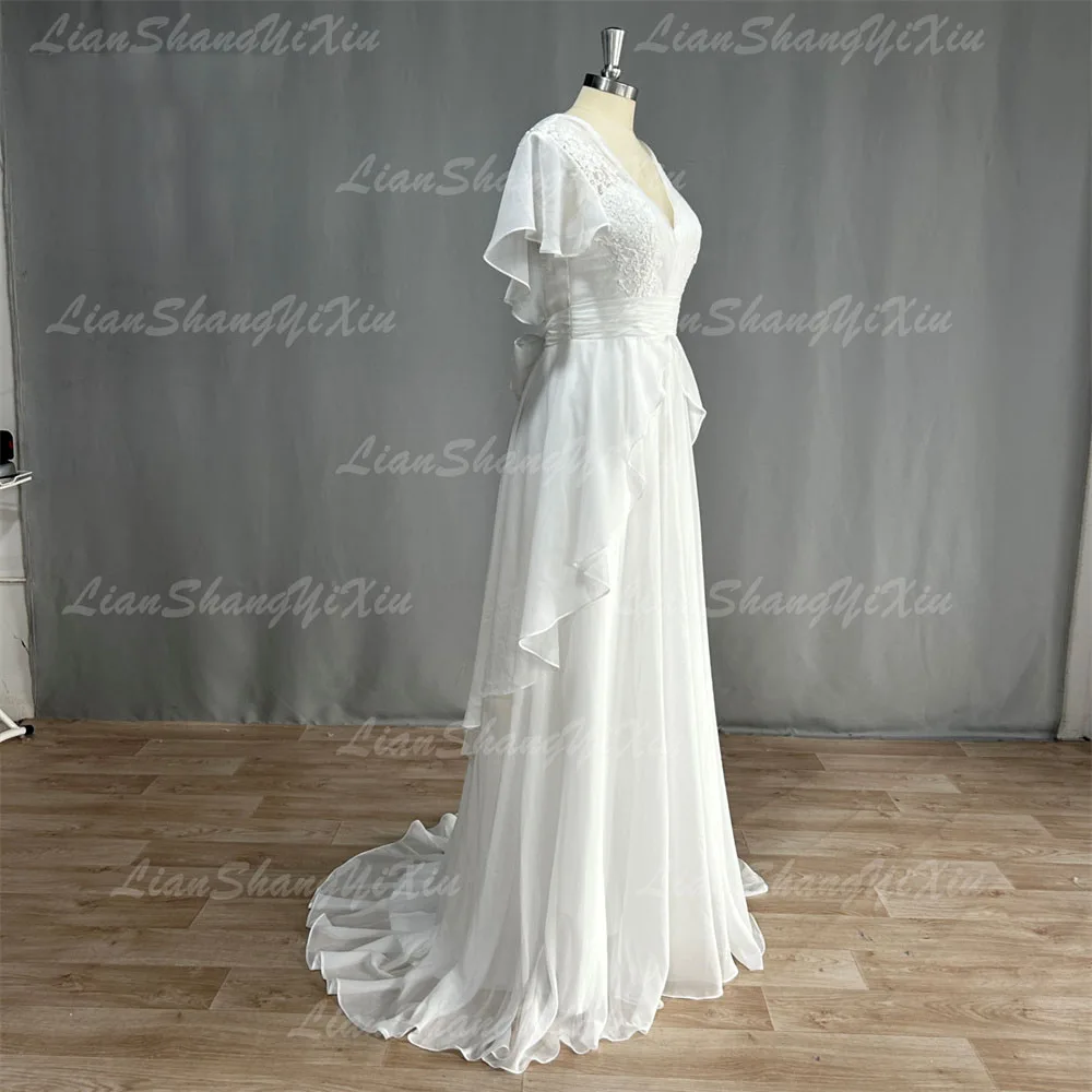 Customized Boho V-Neck Wedding Dresses Chiffon A Line Short Sleeves Backless Floor Length Ruffles Beach Bridal Gowns Bohemian 6