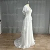 Customized Boho V-Neck Wedding Dresses Chiffon A Line Short Sleeves Backless Floor Length Ruffles Beach Bridal Gowns Bohemian 6