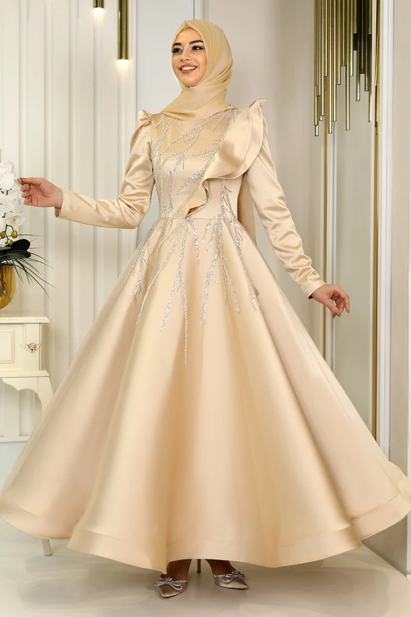 

Satin Beaded Muslim Evening Dresses Long Sleeve A Line Hijab Islamic Formal Party Gown Arabic Dubai Women Robe De Soiree