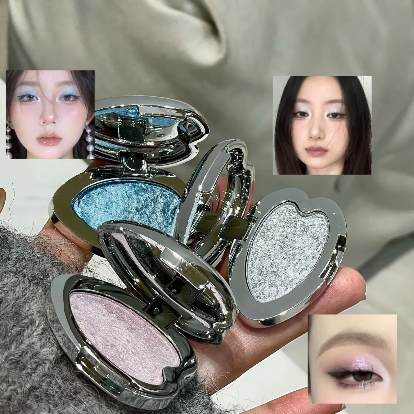 Description Picture 6 of itemPearlescent Purple Eyeshadow Palette Sparkling Mousse Shimmer White Highlighter Brighten Glitter Heart-shaped Eye Shadow Makeup