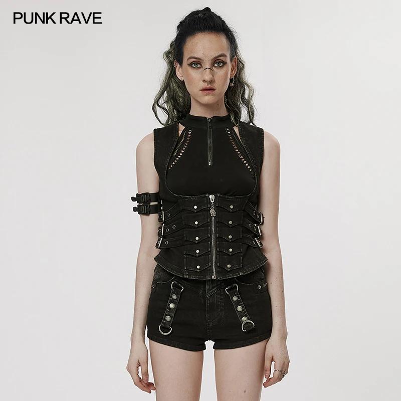 

PUNK RAVE Women's Punk Elastic Denim Material Handsome Tight Vest Club Slim Sexy Women Waist Black Corset