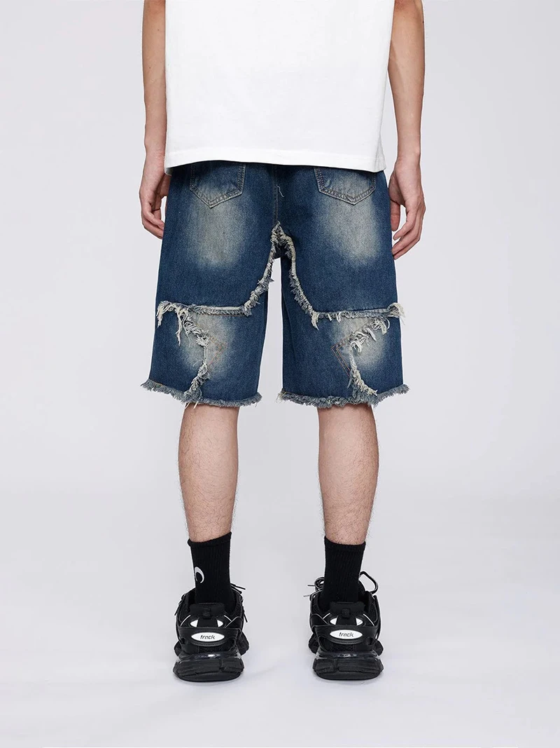 Aelfric Eden Vintage Starry Fringe Hem Denim Shorts Y2K Men Hip Hop Streetwear Shorts 2023 Harajuku Casual Summer Sweatpants