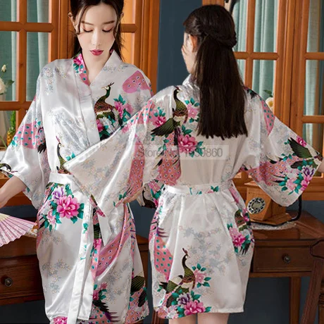 

Kimono Robe Gown Sleepwear Print Peacock Bathrobe Satin Nightgown Mini Female Nightdress Summer Short Sleeve Lingerie Nightwear