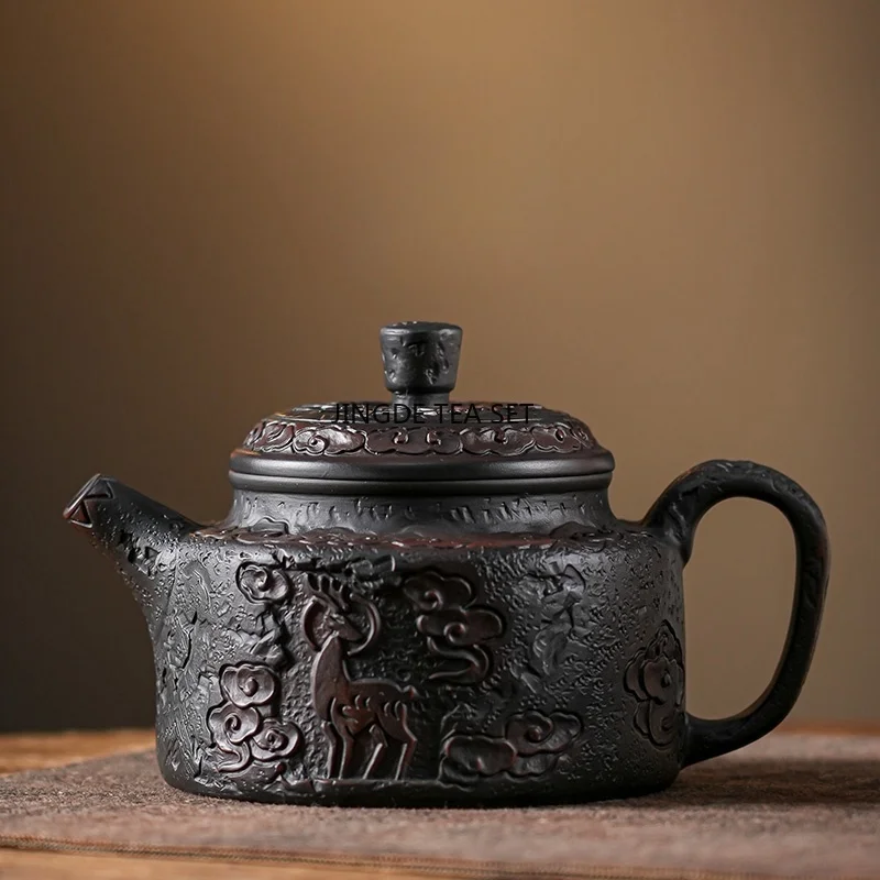 200ML Purple Pottery Carving Teapot Hand drawn Antique Relief Teapot Home Kung Fu Teapot Tea Pot