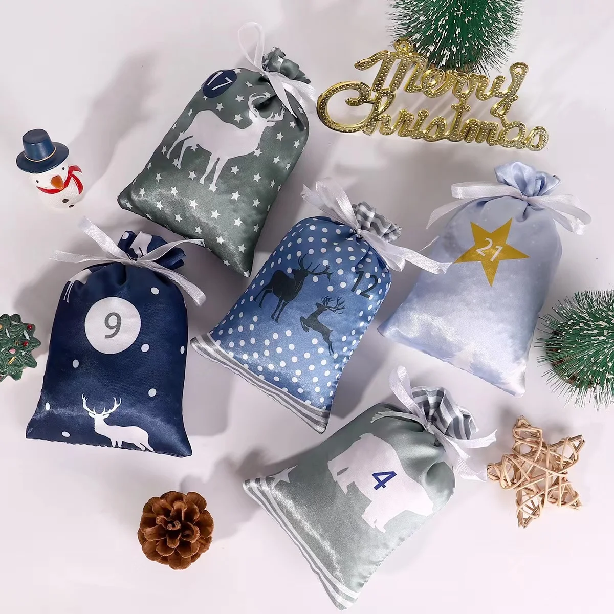 24Days Advent Calendar Bags DIY Paper Sticker Drawstring Gift Bag with Clip New Year Christmas Countdown Advent Bag navidad