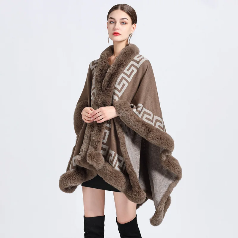 

Sexy Faux Fur Poncho Wraps Imitated Fox Fur Cape Coat Pashmina Fashion Elegant Women Winter Knit Cloak Jacquard Weave Shawl