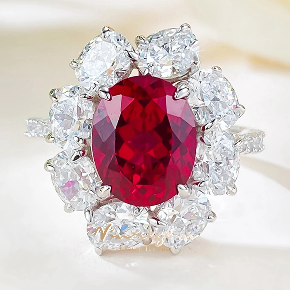 

Vinregem 8*10MM 4CT Oval Ruby High Carbon Diamond Gemstone Women Ring Vintage 925 Sterling Silver Wedding Fine Jewelry Wholesale