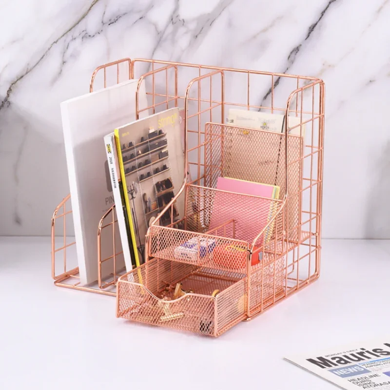 Multifunctional Rose Gold Magazine Holder 6 Different Compartments Documents Storage Holder File Organizer Book