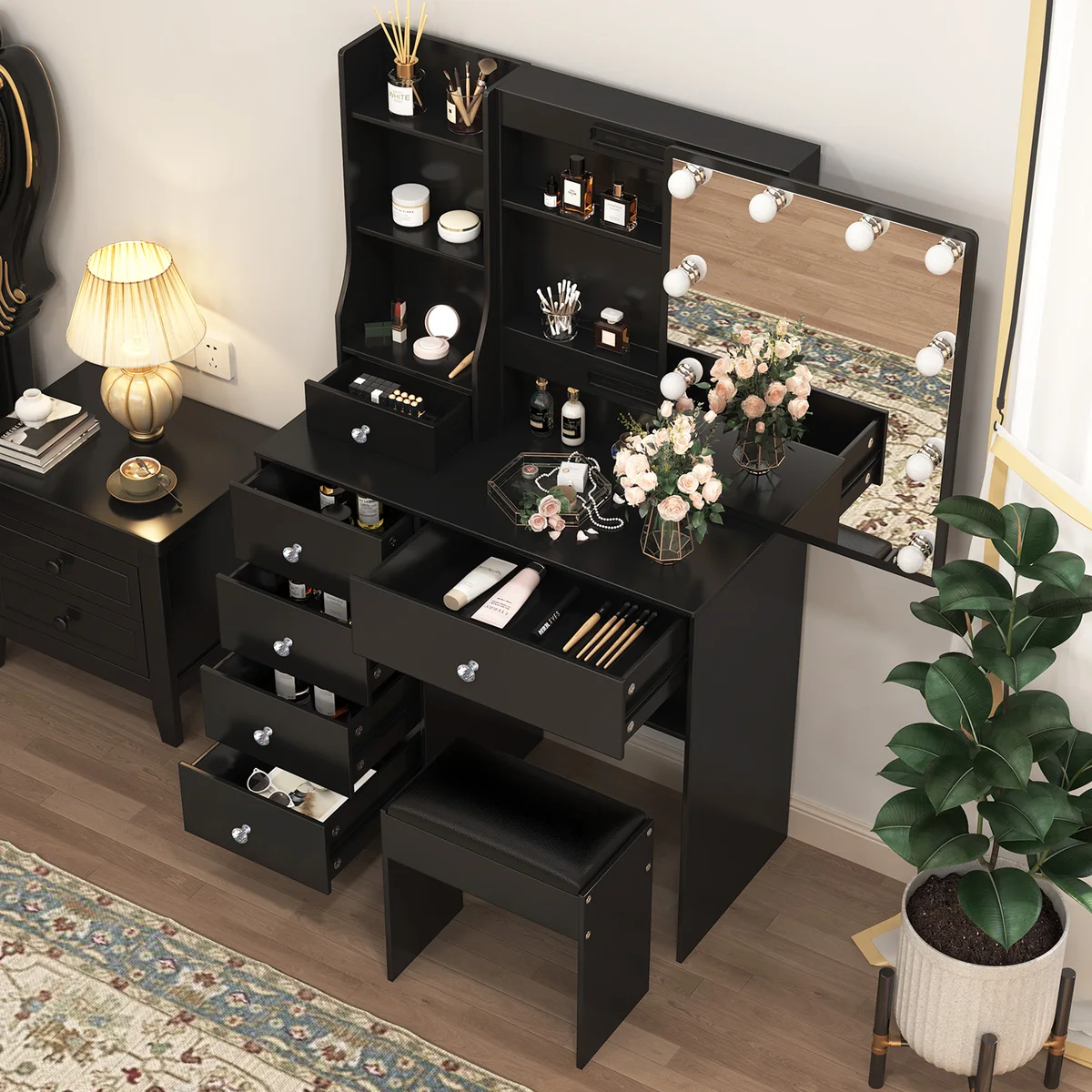 Rustic wooden makeup vanity with lit mirror: three adjustable lights, drawers & storage shelves — view 2