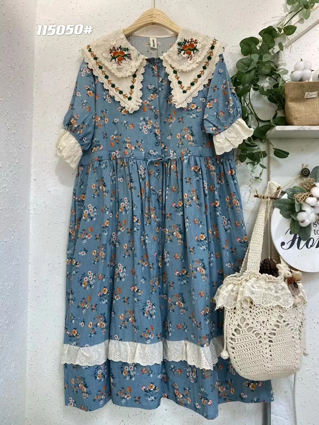 

Sweet Small Fresh Embroidery Double Layer Peter Pan Collar Dress Loose Cotton Short Sleeve Lace Patchwork Floral Dresses