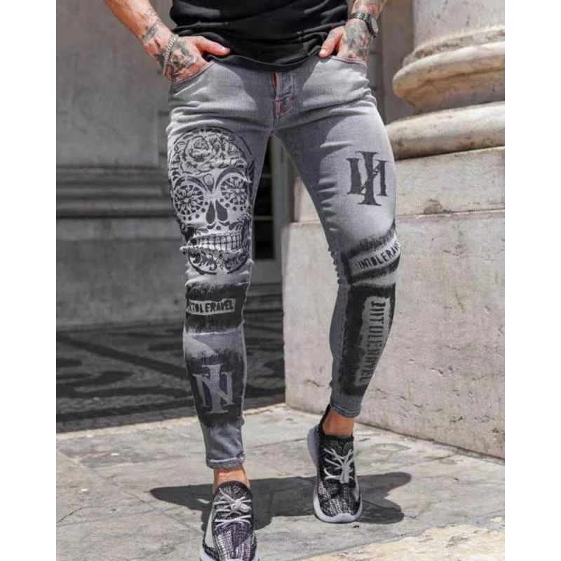 Streetwear Men Jeans Y2k Print Stretchy Ripped Skinny Biker Harajuku Pants Slim Fit Denim High Quality Hip Hop pantalones hombre
