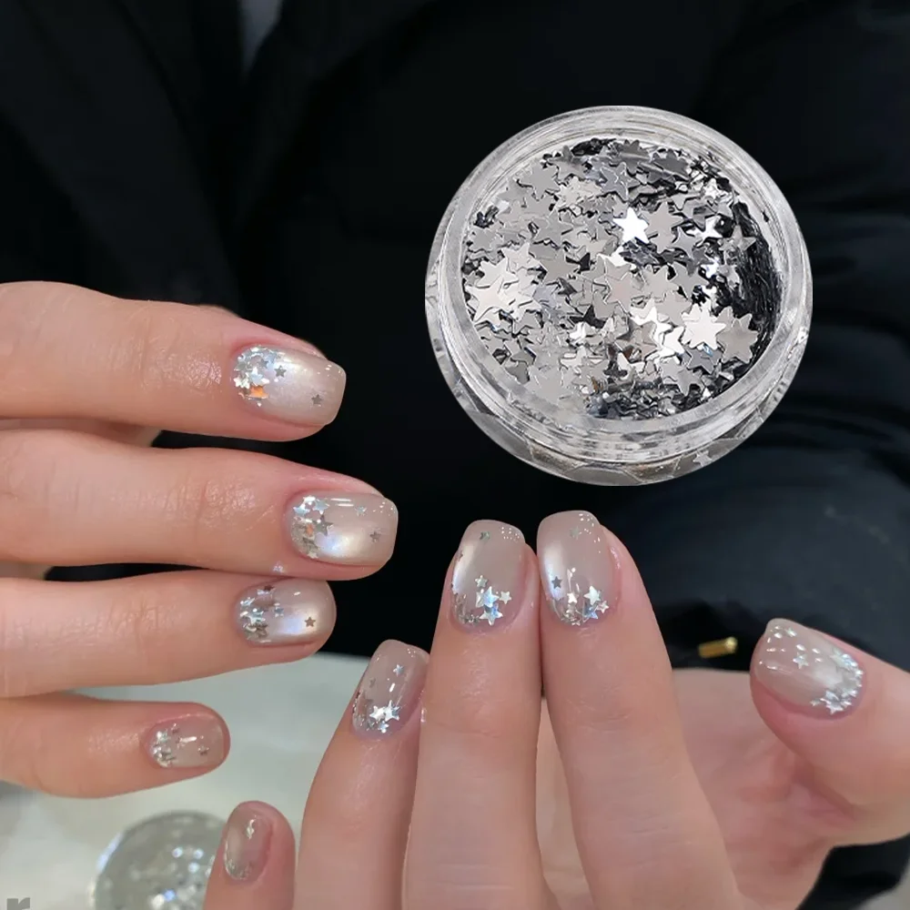 1 Box 3D-Silberstern-Nagelkunst-Pailletten, gemischte Größen, 1–3 mm, Starlight-Nägel, Glitzerflocken, glitzerndes Pentagramm, Maniküre, Pailletten-Dekor – Detail 5