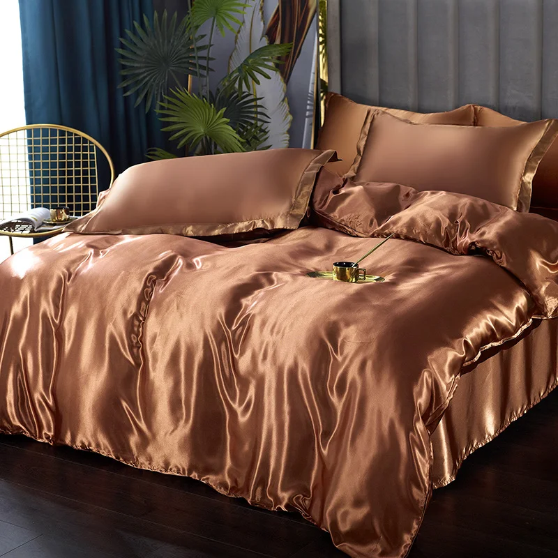 Silk Bedding Set with Duvet Cover Bed Sheet Pillowcase Luxury Satin Bedsheet Solid Color Double Single King Queen Full Twin Size