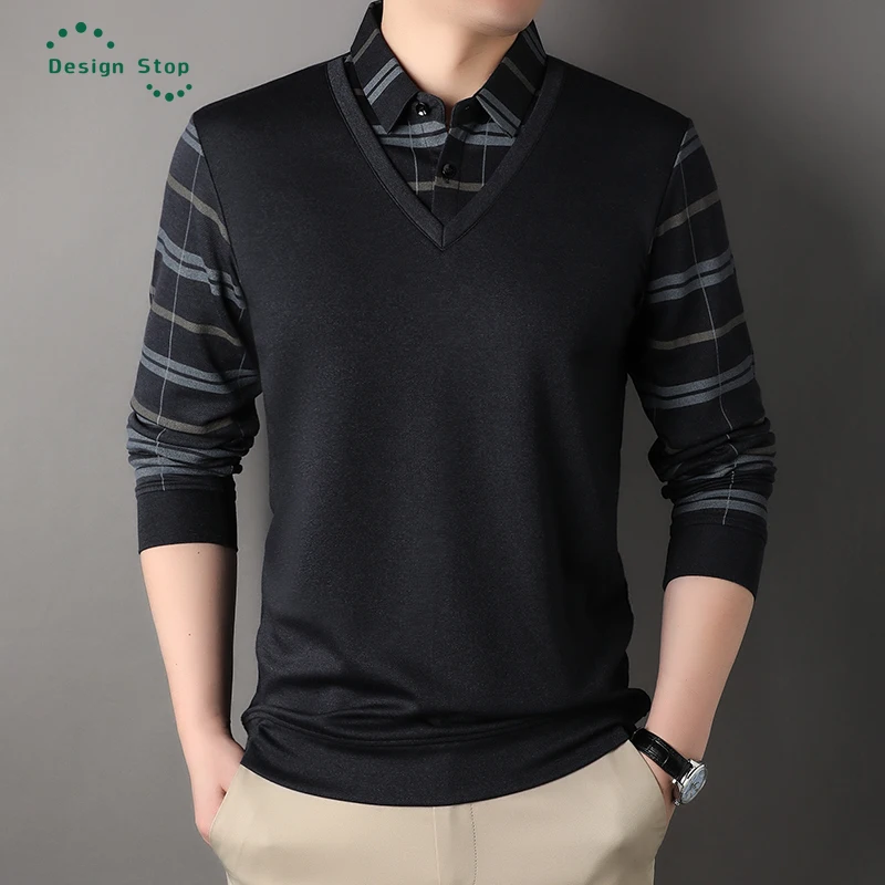 

New Men's Business Casual Dress Shirt Fake Two-piece Lapel Striped Shirt