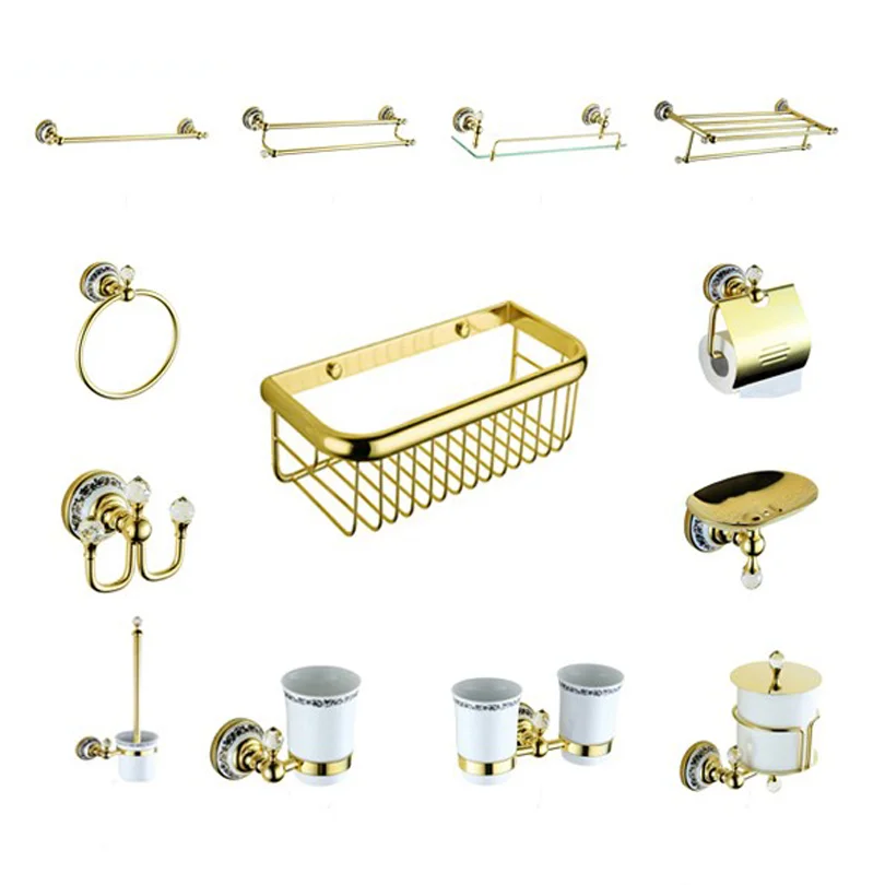 

China Beautiful In-wall Brass Golden Bathroom Accessories Set Decorative Flower Ceramic Bathroom Sets Soap Holder Towel Shelf