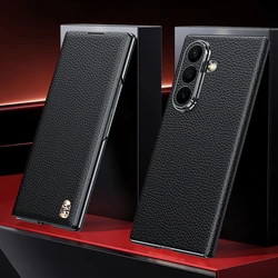 Luxury Litchi Patterned Genuine Leather Shockproof Phone Case Cover - Galaxy Z TriFold (Black)