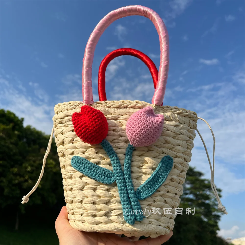 

Original Design Pure Handmade Appliques Basket Bag Natural Straw Woven Handheld Handbag Women Summer Holiday Vacation Beach Bag
