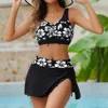 2025 New Women's Two-Piece Swimsuit Skirt Style Tankini Suit Sakura Pattern Black White Cross-Border Swimwear Bikini Set