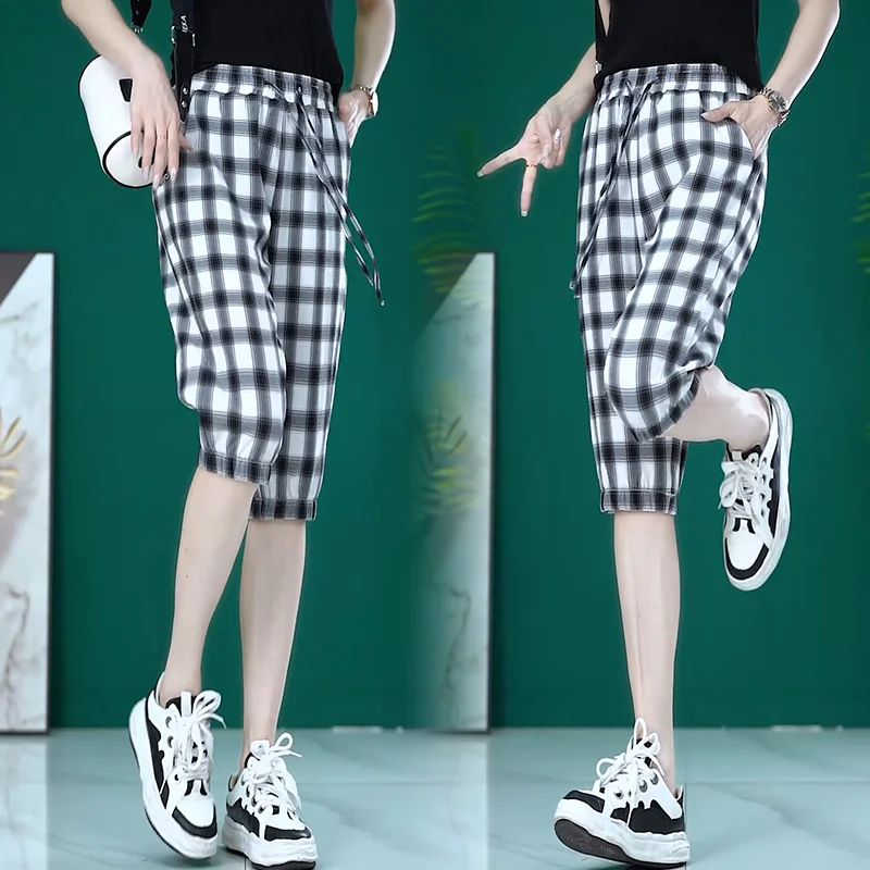 Spring Summer Women's Plaid Elastic High Waisted Pockets Contrast Color Pencil BloomersVacation Office Lady Casual Capri Pants