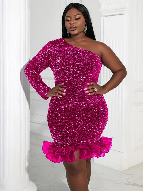 Robes de soirée en velours à manches longues à paillettes One Initiated, robe moulante courte, volants en tulle, tenue de club scintillante, grande taille 4