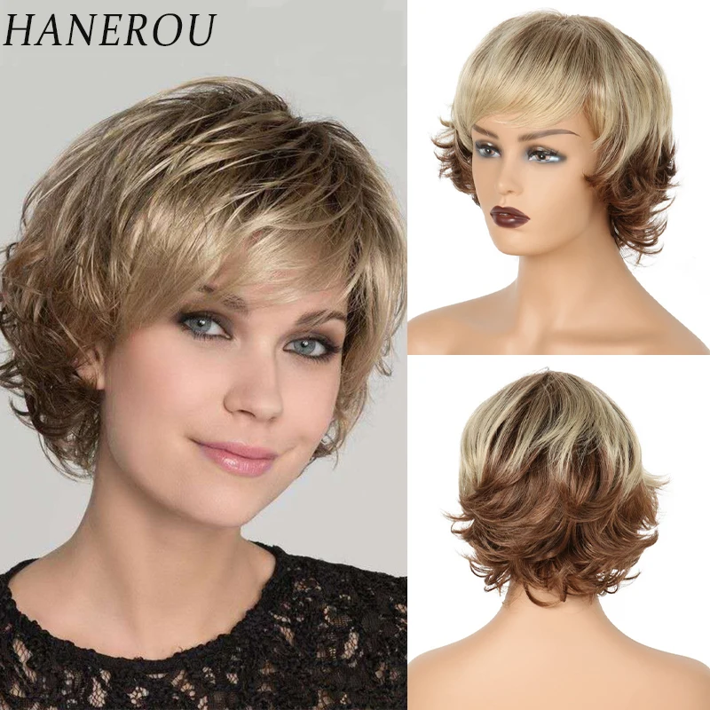 

HANEROU Synthetic Mixed Blonde Brown Wig Short Pixie Cut Natural Curly Wavy Hair Women Daily Party Cosplay