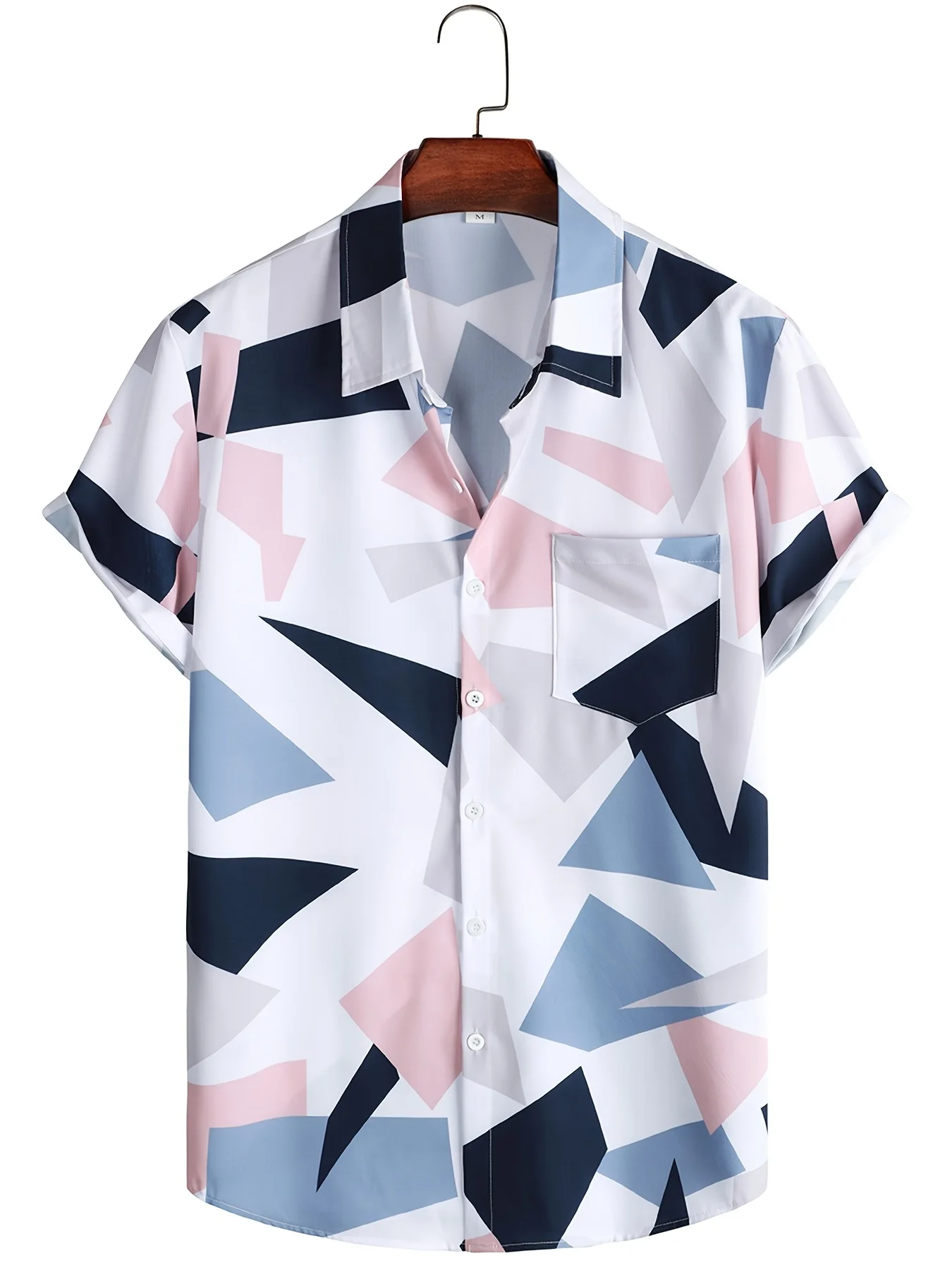 

Mens Casual Triangle Pattern Non Stretch Turndown Collar Short Sleeve T-shirt With Buttons, Male Clothes For Summer