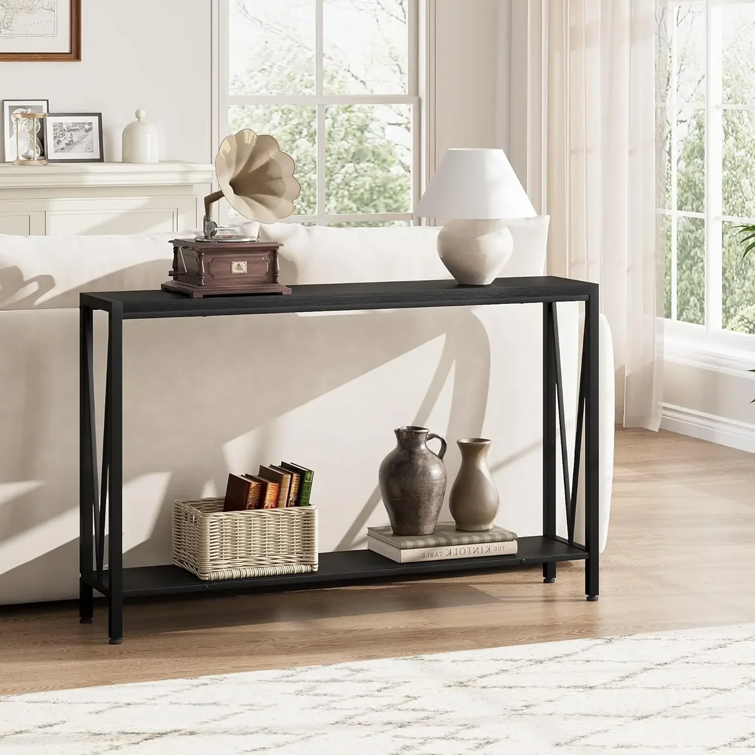 Console Table, 2-Tier Entryway Table with Storage, 43" Narrow Sofa Table with V Design, Industrial Console Table for Entryway