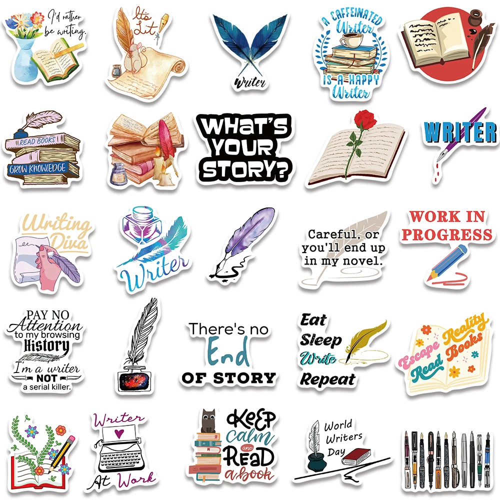 50pcs Funny Cartoon Typer Books Writers Stickers For Laptop Water Bottle Luggage Notebook Waterproof Graffiti Vinyl Decals