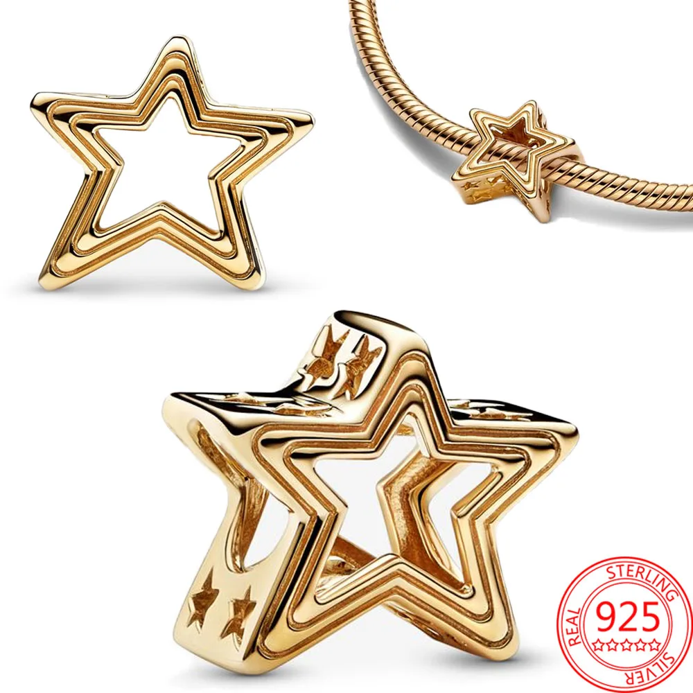 Autentico 100% 925 Sterling Silver Radiant Star Charm Gold Charm Fit Originale Pandora Bracciale E Braccialetto Gioielli Regalo Per Bambini
