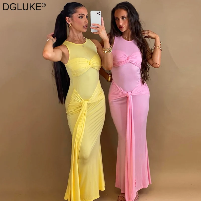 

Платье-макси с круглым вырезом, без рукавов, с драпировкой