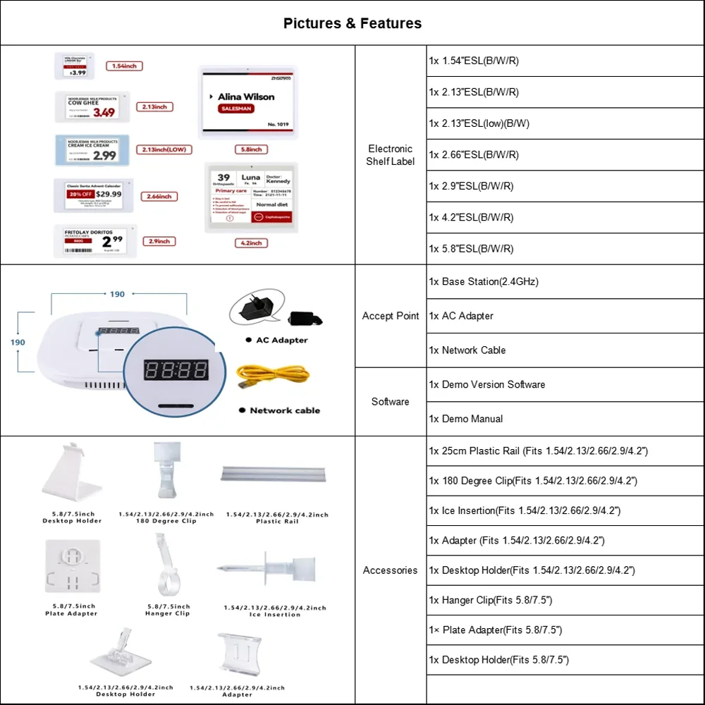 전자 잉크 디지털 라벨, 전자 무선 가격 라벨링 시스템, Esl 디지털 가격, E 태그, POE 데모 키트, 2.4GHz, 7 개