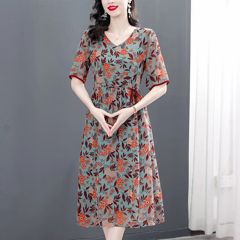 

2023 New Fashion Silk Silk Silk Dress Women's Summer Versatile V-Neck Loose Fit Casual Holiday Party Dress Vestidos