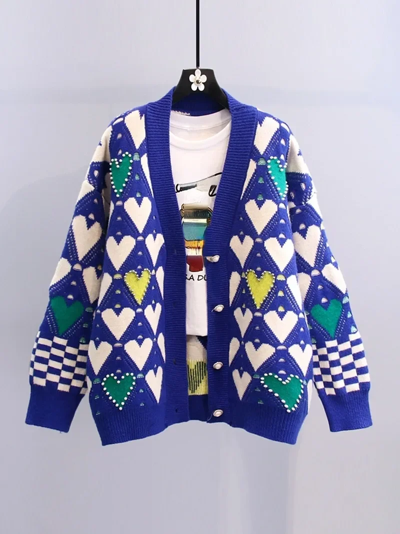 

Contrast Color Stripe Loose Grunge Cardigan Y2k Beading Single-breasted Sweater Jacket 2023 Autumn Winter New Sweet Outerwear
