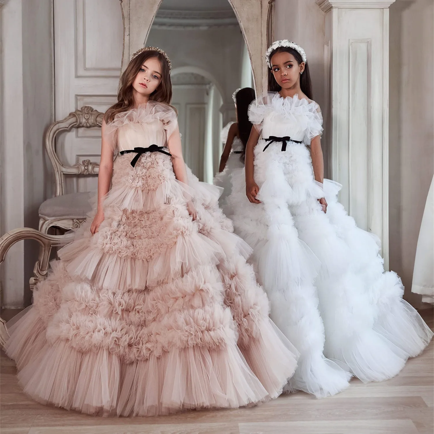 

Luxury Strapless Flower Girl Dress Wedding Ruffle Tiered Dress Pageant Birthday Party Dress Tulle First Communion Dress