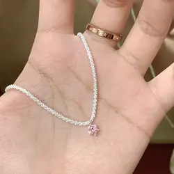 Elegant S925 Sterling Silver Sparkling Necklace with Round White Diamond Pendant (Pink)