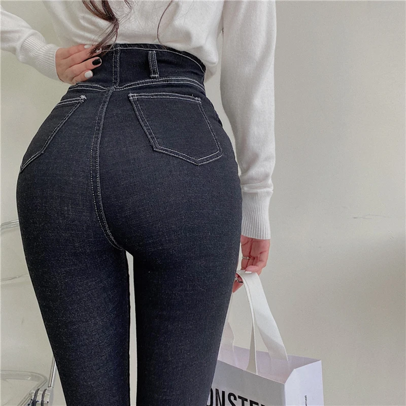 2022 High Waist Women Jeans Slim Fit Legs Tight Waist Design Black Cotton Elastic Jeans for Fashion Lady 2023 high waist xshape sexy hip lift perfect figure tight jeans for women spicy girl trendy office party lady denim pants