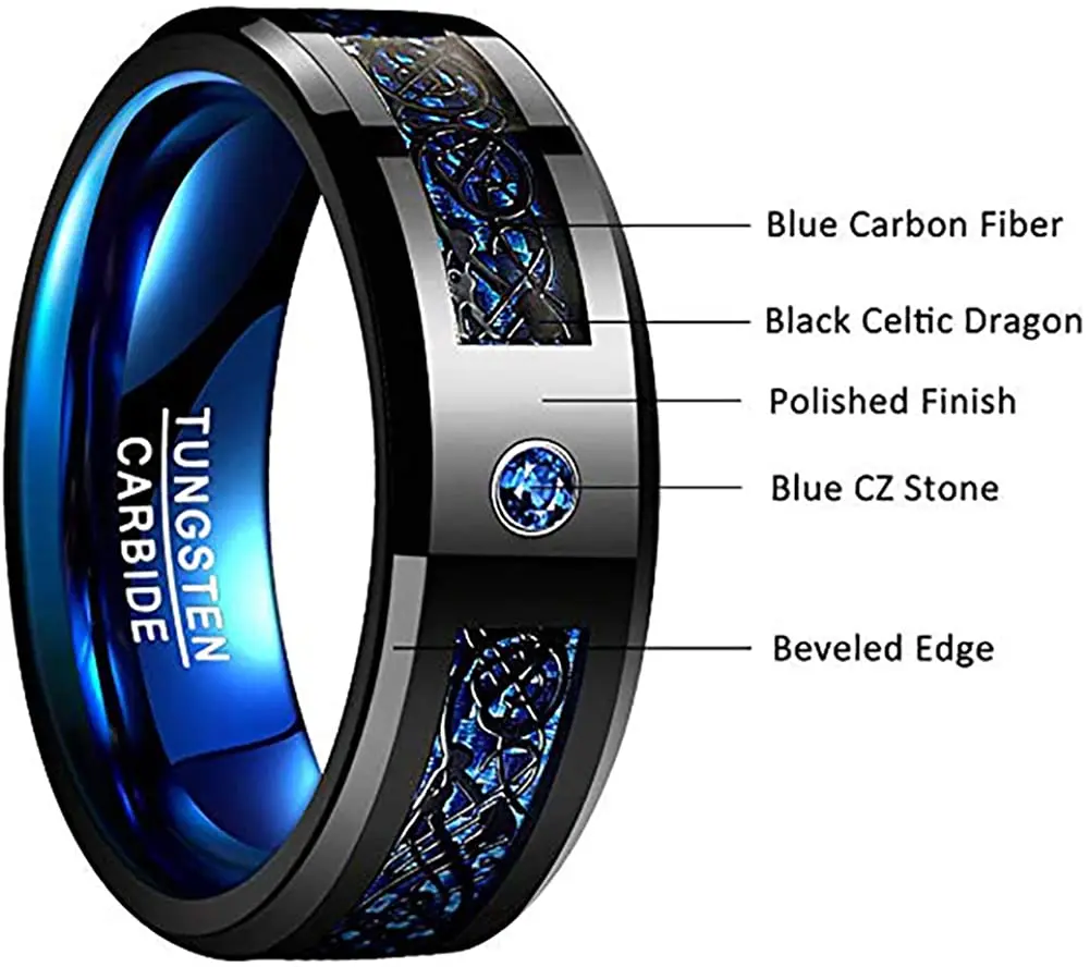 Wedding Rings Men 8mm Stainless Steel Celtic Dragon Ring Inlay Blue Zircon Stone Blue Carbon Fibre