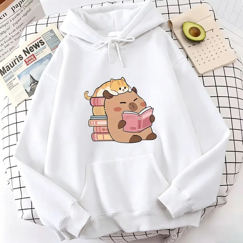 Cat and Capybara Reading Cozy Hoodie - Casual Harajuku Sweatshirt