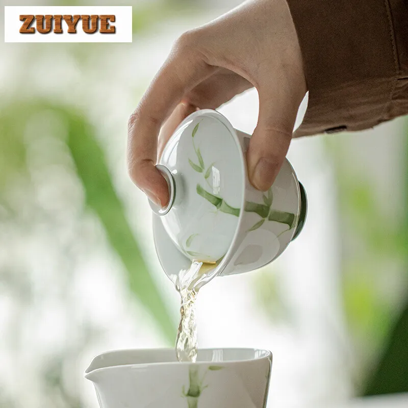 130ml Jade Mud Handmade Cover Bowl Household Hand-painted Green Bamboo Gaiwan Luxury Anti Scald Tea Tureen Tea Making Craft Gift