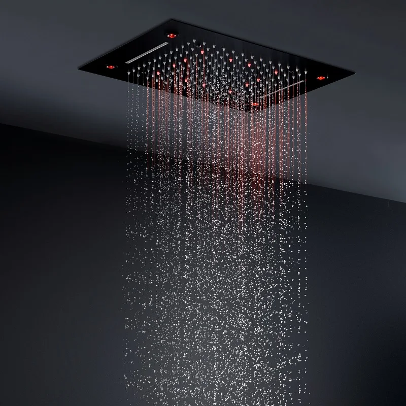 hm High Quality Ceiling Rain Shower System Set Bathroom Waterfall Rainfall LED Showe Head Panel Black Thermostatic Shower Faucet 3
