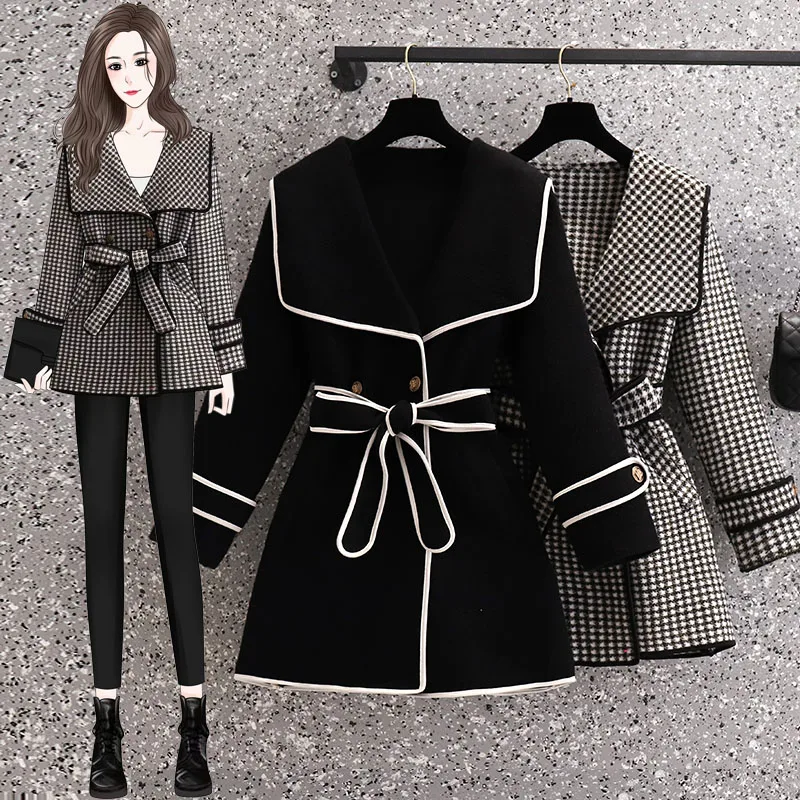 

Fashion Large Size Trench Coats Women's Clothing 2023 Autumn Winter New Houndstooth Slim Medium length Woolen Coat fp841